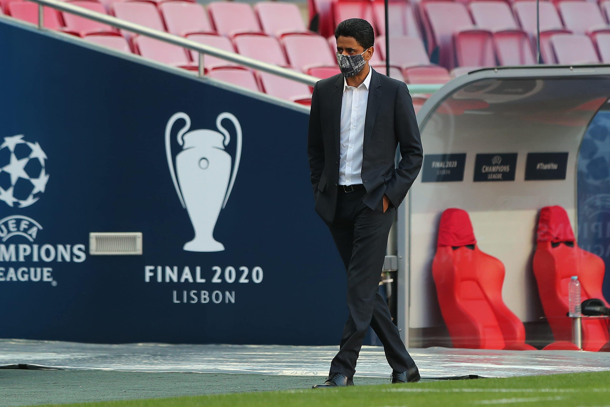 Paris Saint-Germain's Qatari president Nasser Al-Khelaifi arrives for a training session at the Luz stadium in Lisbon on August 22, 2020 on the eve of the UEFA Champions League final football match between Paris Saint-Germain and Bayern Munich. (Photo by Miguel A. Lopes / POOL / AFP)