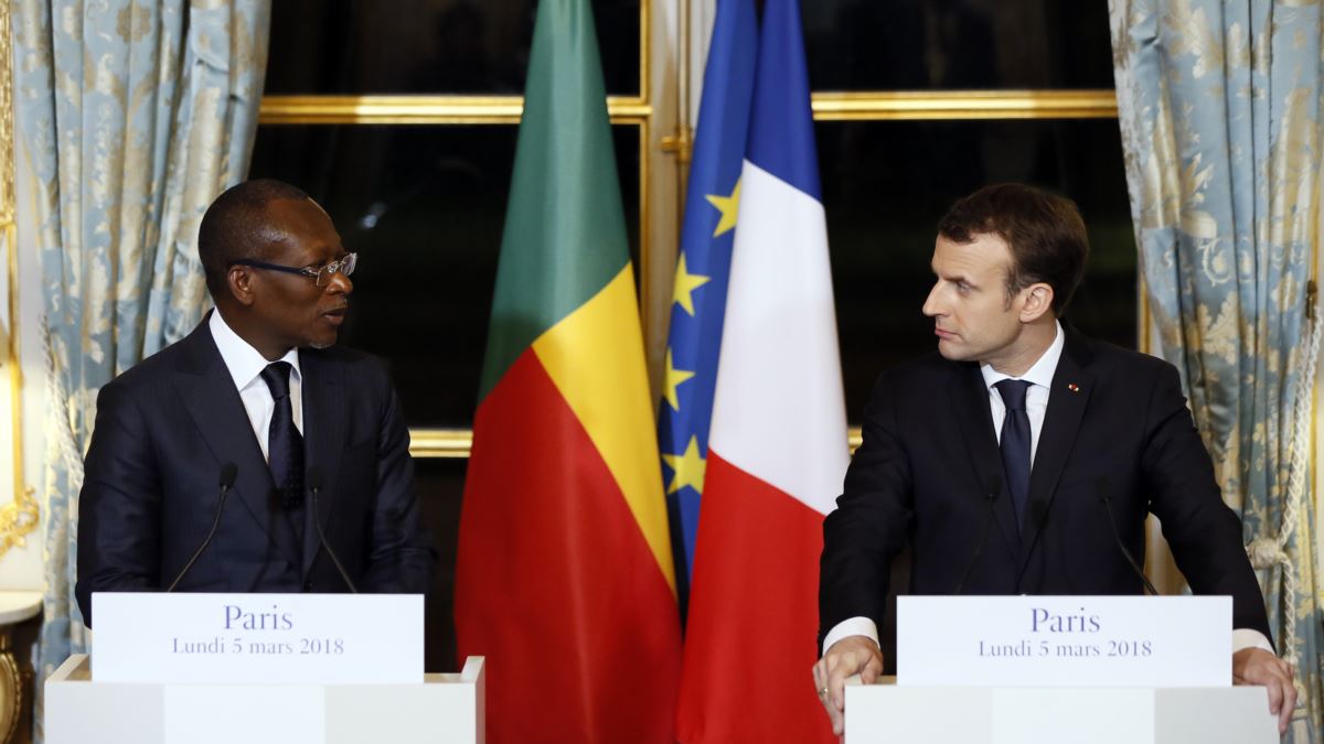 Conférence de presse conjointe de Patrice Talon et Emmanuel Macron, à Paris, en mars 2018